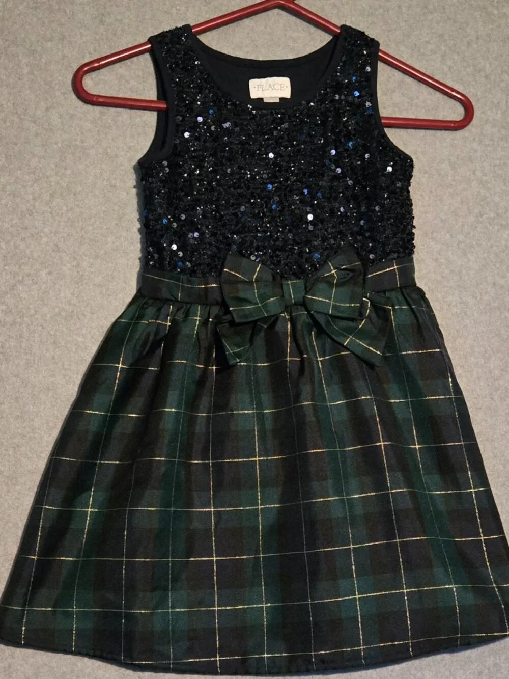Children's Place Girl's Sequin Plaid Dress- Green Blue Size 6 Lined